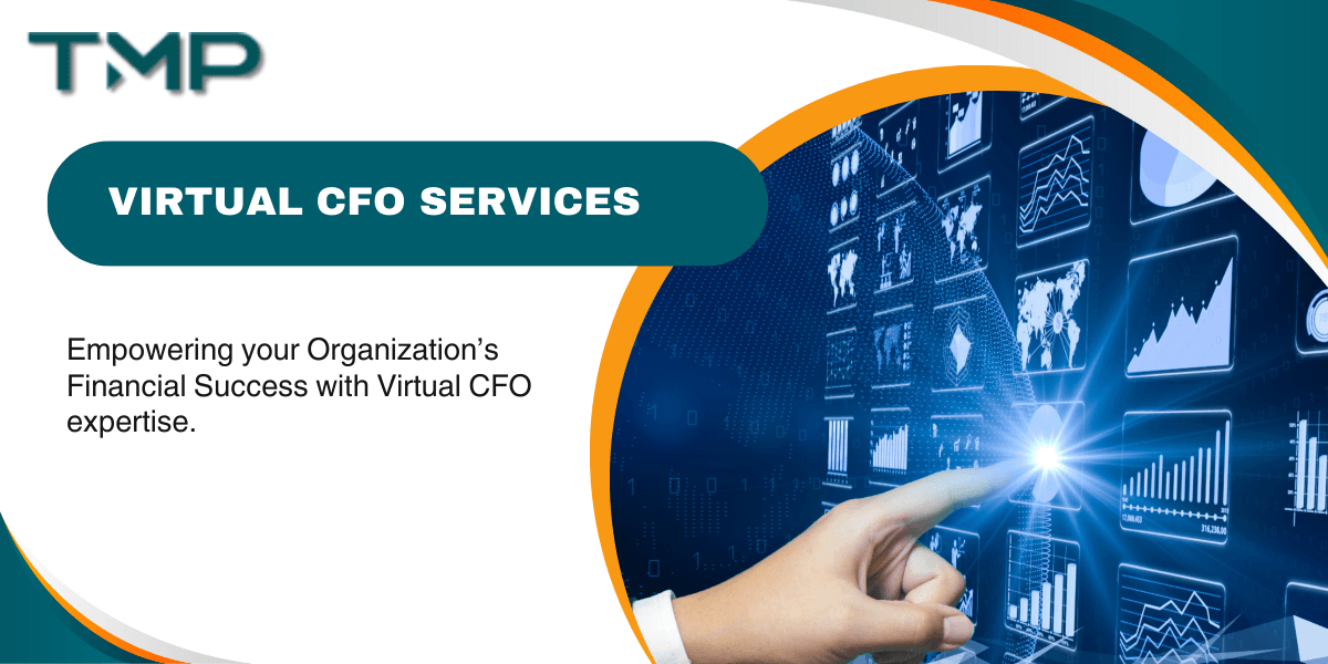 Graphic showcasing "Virtual CFO Services" with a hand pointing at a digital financial dashboard and data visualizations.