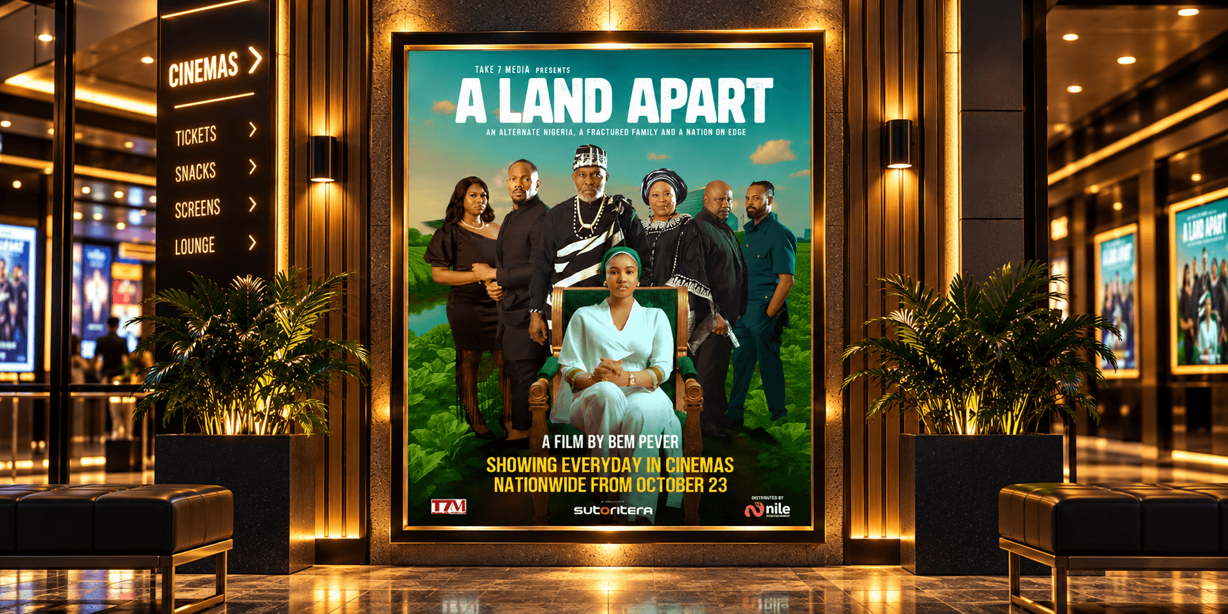 Movie poster for "A Land Apart" featuring a cast against a lush background