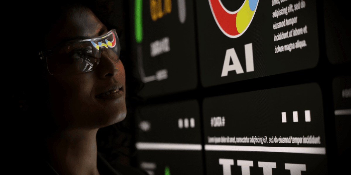 Person wearing smart glasses viewing AI interface displayed across multiple digital screens.