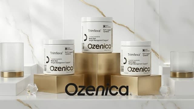 Three Ozenica wellness supplement containers displayed on elegant gold platforms in a modern luxury setting.