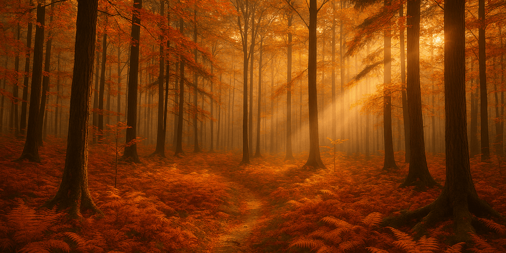 Golden sunlight filters through tall autumn trees in a serene forest, symbolizing peace, mindfulness, and soulful connection with nature.