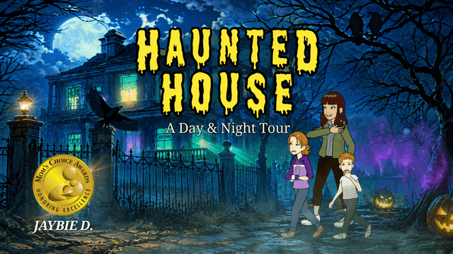 **Cover illustration for *Haunted House: A Day & Night Tour* featuring a spooky mansion, children, and Halloween elements.**