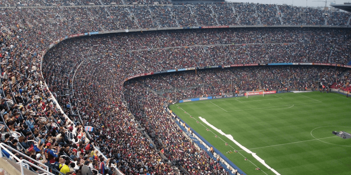 Crowd fills a large football stadium during a FIFA World Cup match.