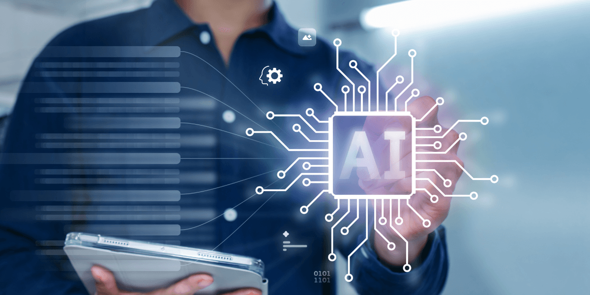 Person holding a tablet interacting with a digital AI processor interface.