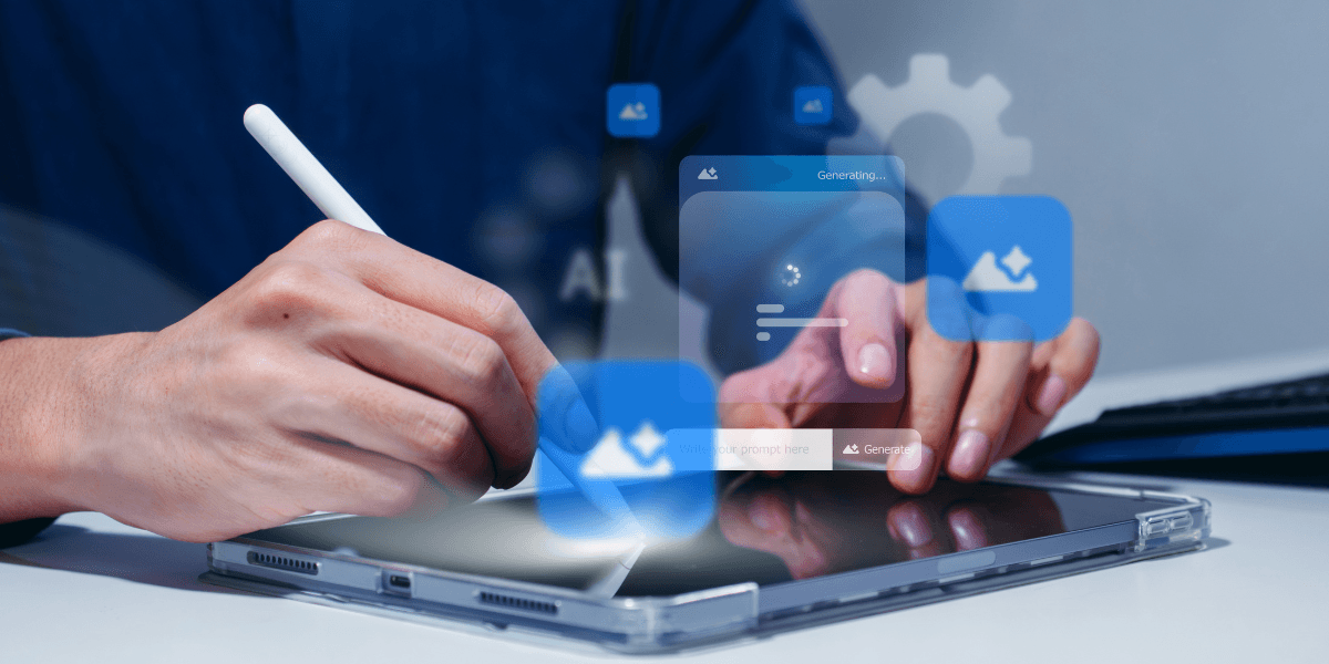 Person using a tablet with AI interface icons representing digital content generation and automation.