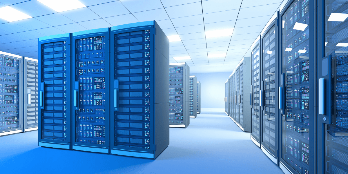 Rows of server racks inside a modern AI data center with illuminated networking and computing equipment.