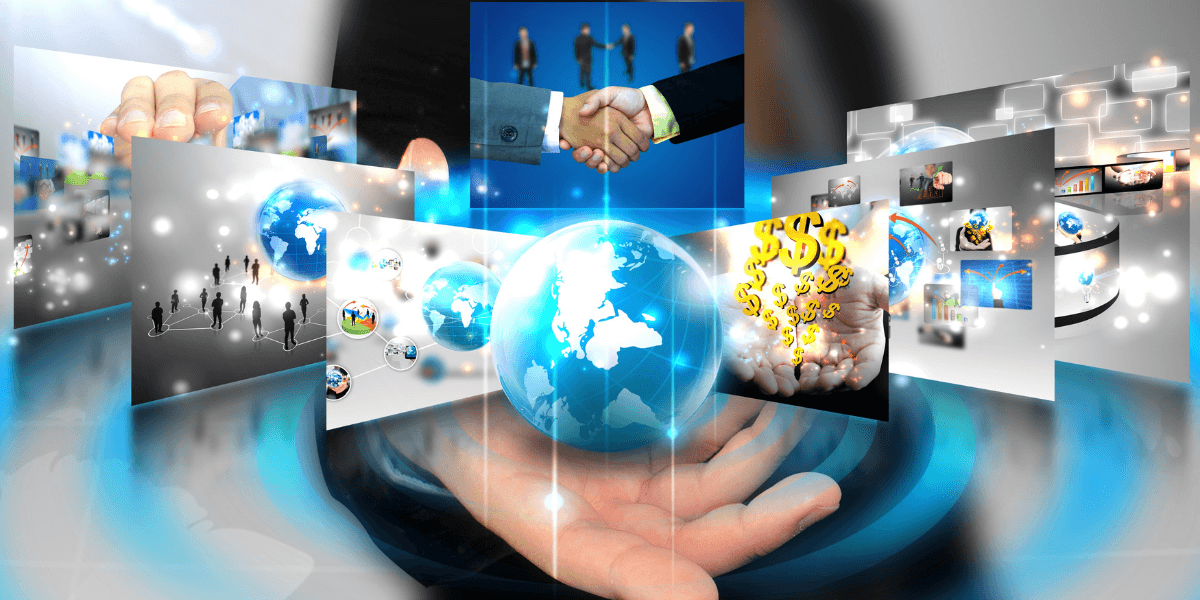 Digital globe surrounded by business, technology, and finance graphics representing artificial intelligence and global markets.